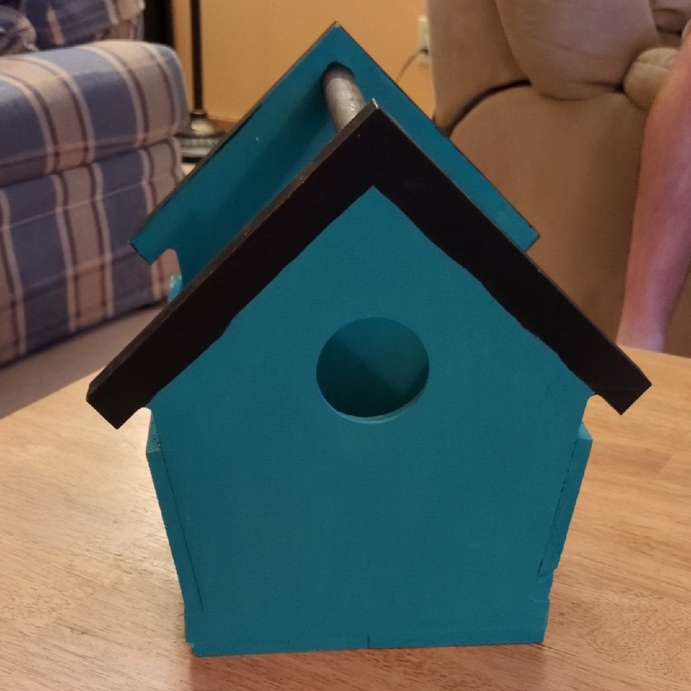 Homemade Wood Teal Birdhouse with Black Roof